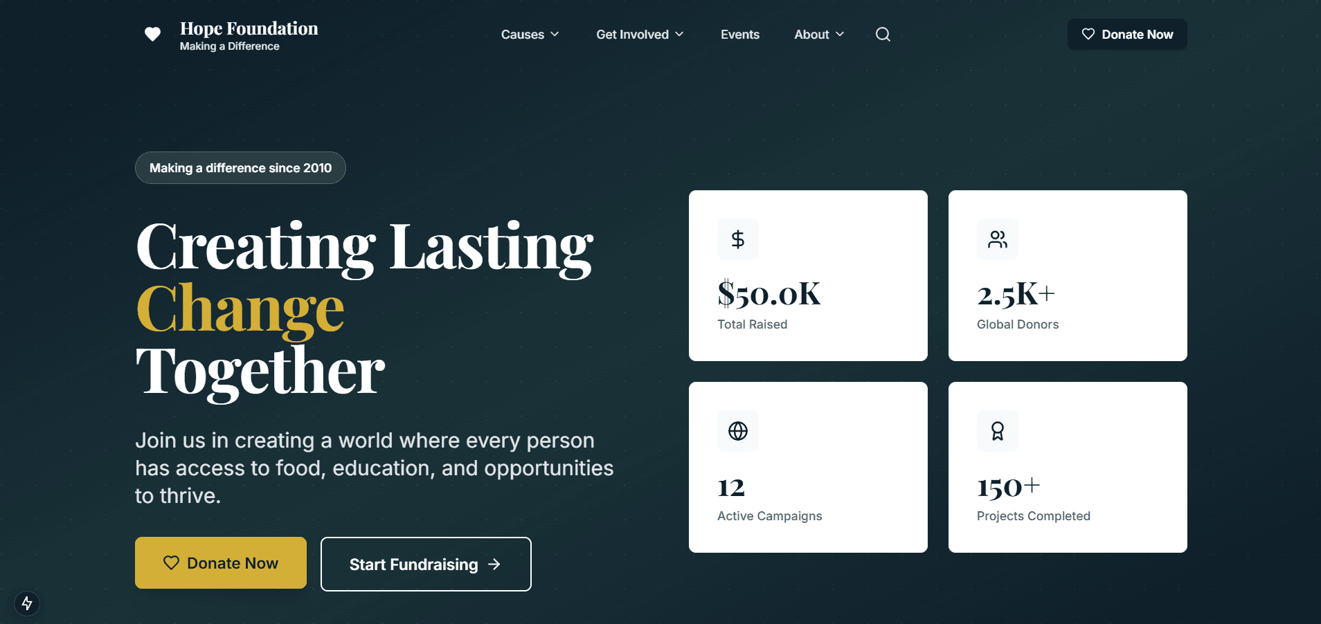 Hope charity website hero section