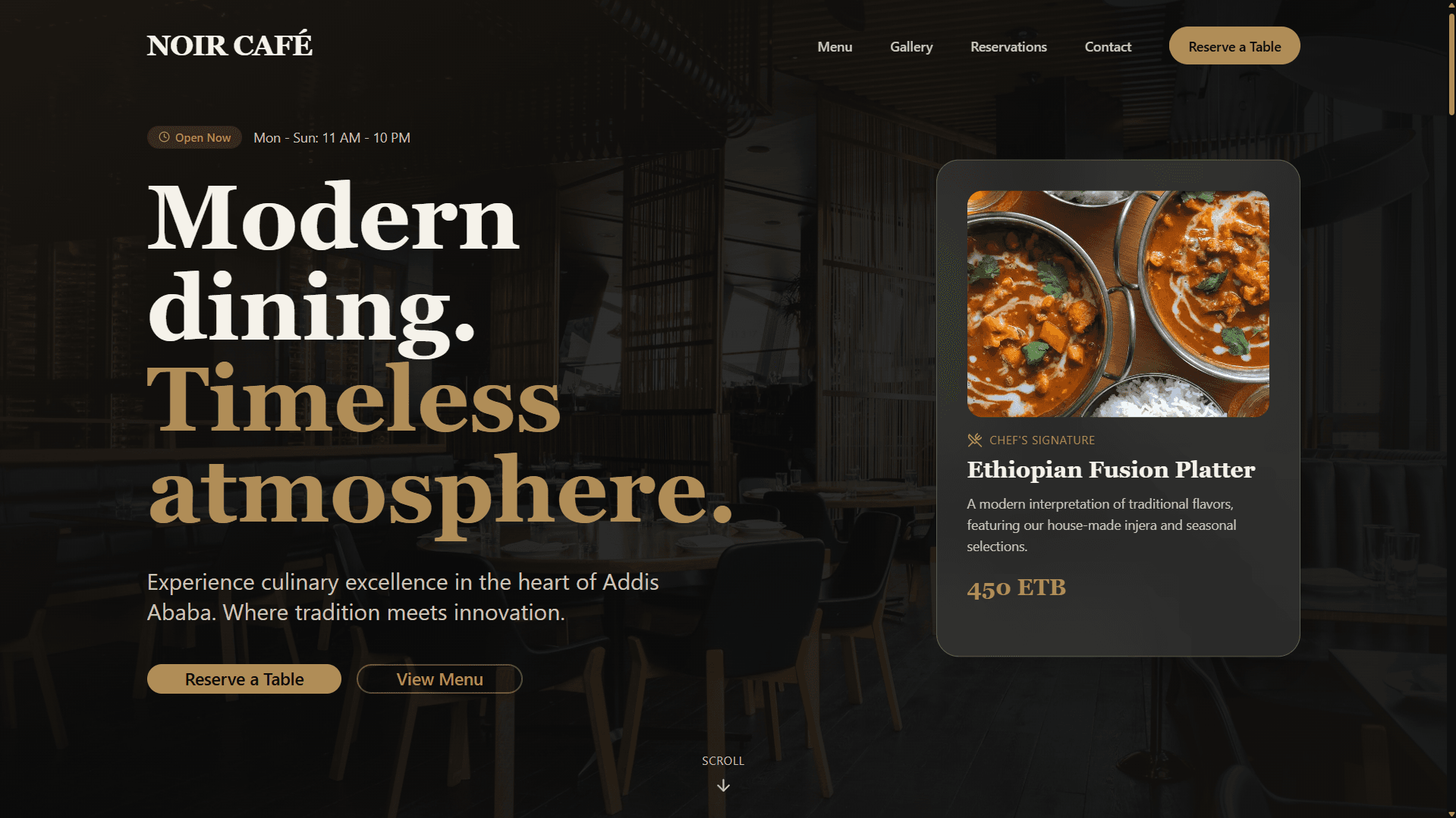 NOIR Café website showcasing dining and atmosphere